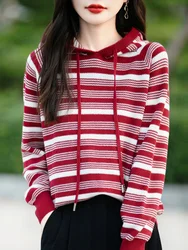 Spring Autumn New 100% Cotton Sweater Women's Hooded Knitted Pullover Fashion Striped Loose Large Top Long Sleeve Fashion Korean