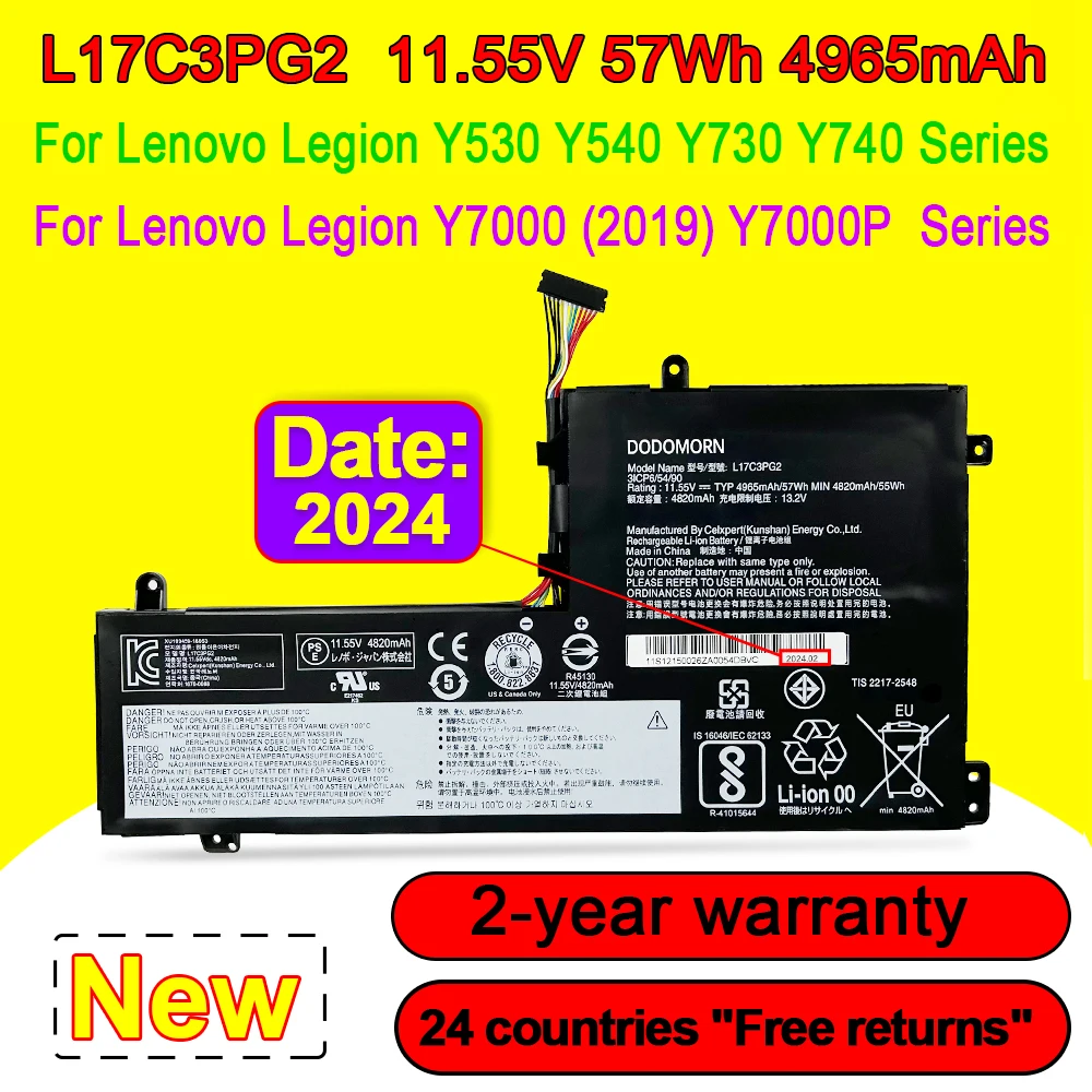 

Новый аккумулятор L17M3PG1 для ноутбука Lenovo Legion Y530 Y530-15ICH Y7000 Y7000P 2018/2019 L17C3PG2 L17L3PG1 L17M3PG3 11,34 V 52.5Wh