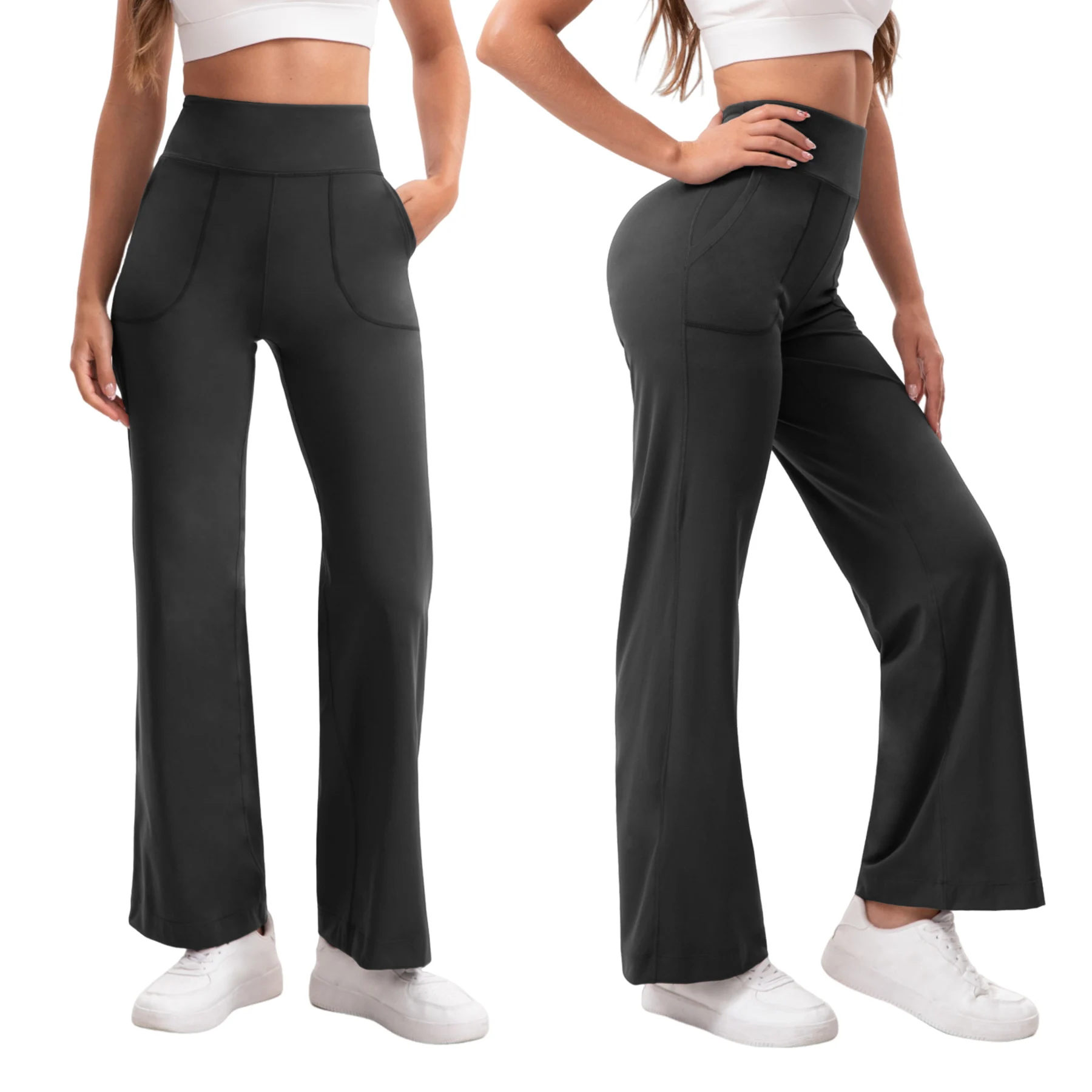 Pantalon de yoga évasé taille haute pour femme, effet ventre plat, rehaussement des fesses, deux poches, extensible, doux et fluide, pour le sport et le bureau