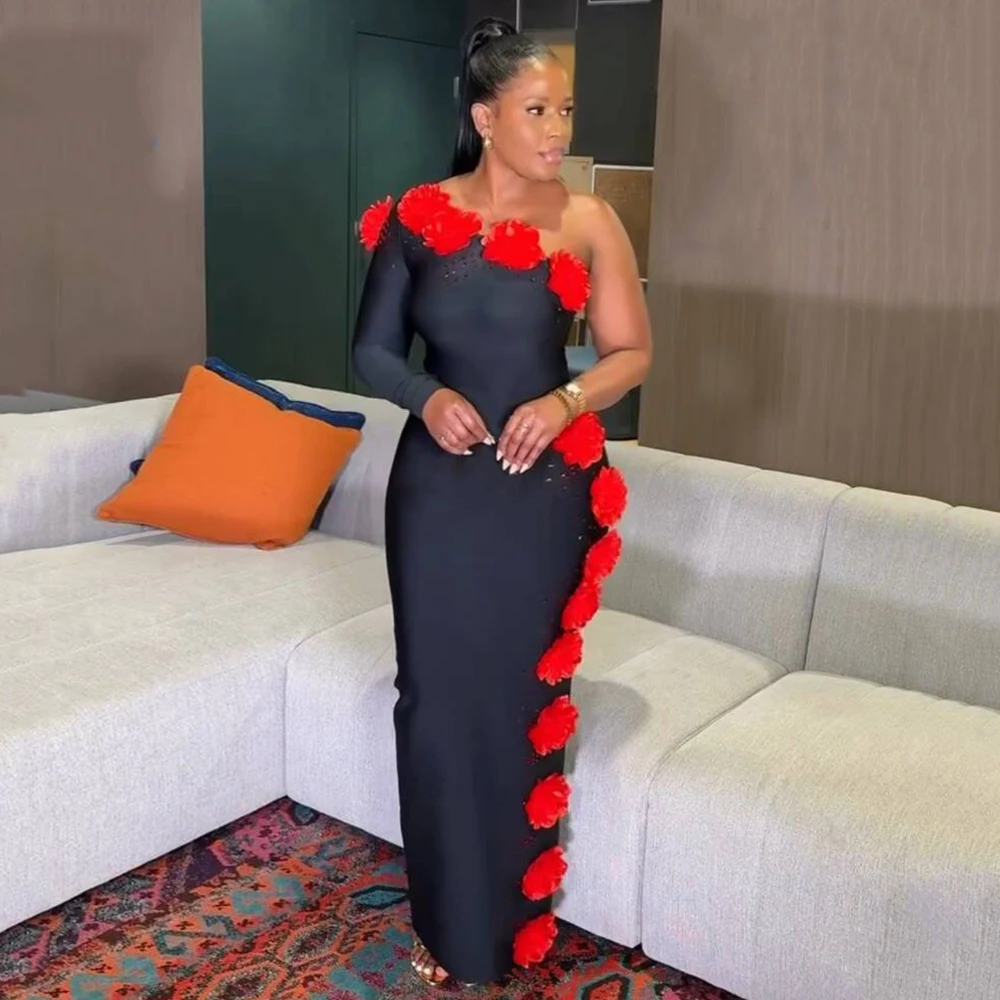 

Women Sexy Beading One Shoulder Bandage Dress Fashion Red Flowers Clothes Club Party Elegant Dresses