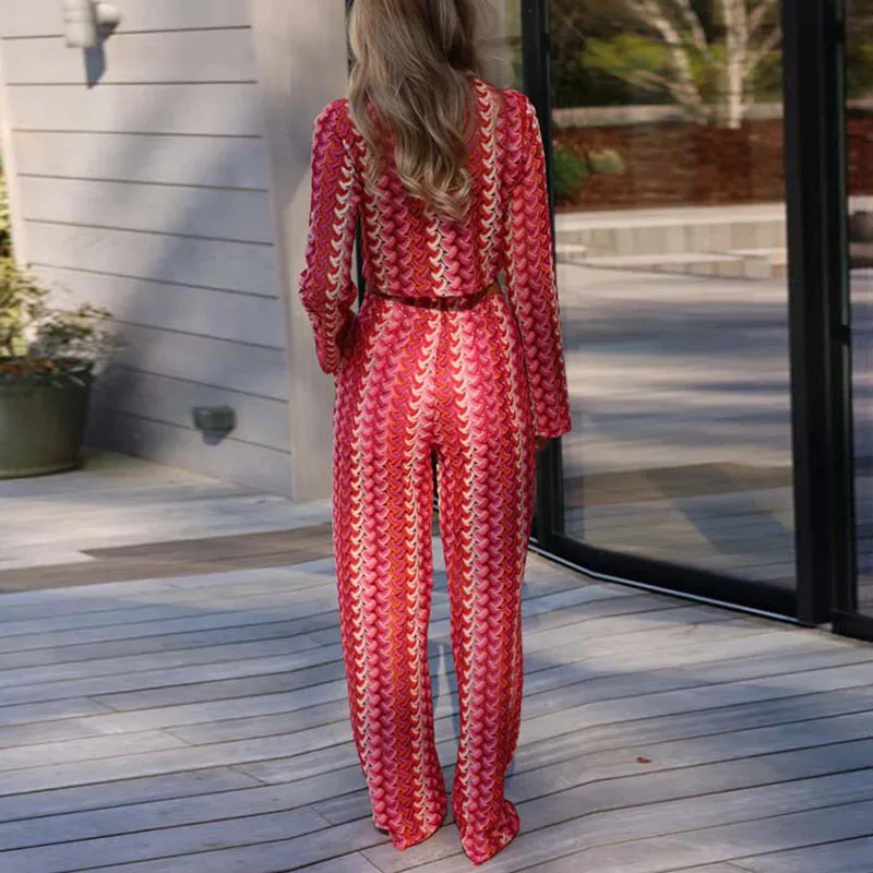 Conjunto de gancho de ganchillo con estampado de rayas para mujer, Top corto y pantalones sexys con cuello redondo, traje de moda de manga larga, ropa femenina