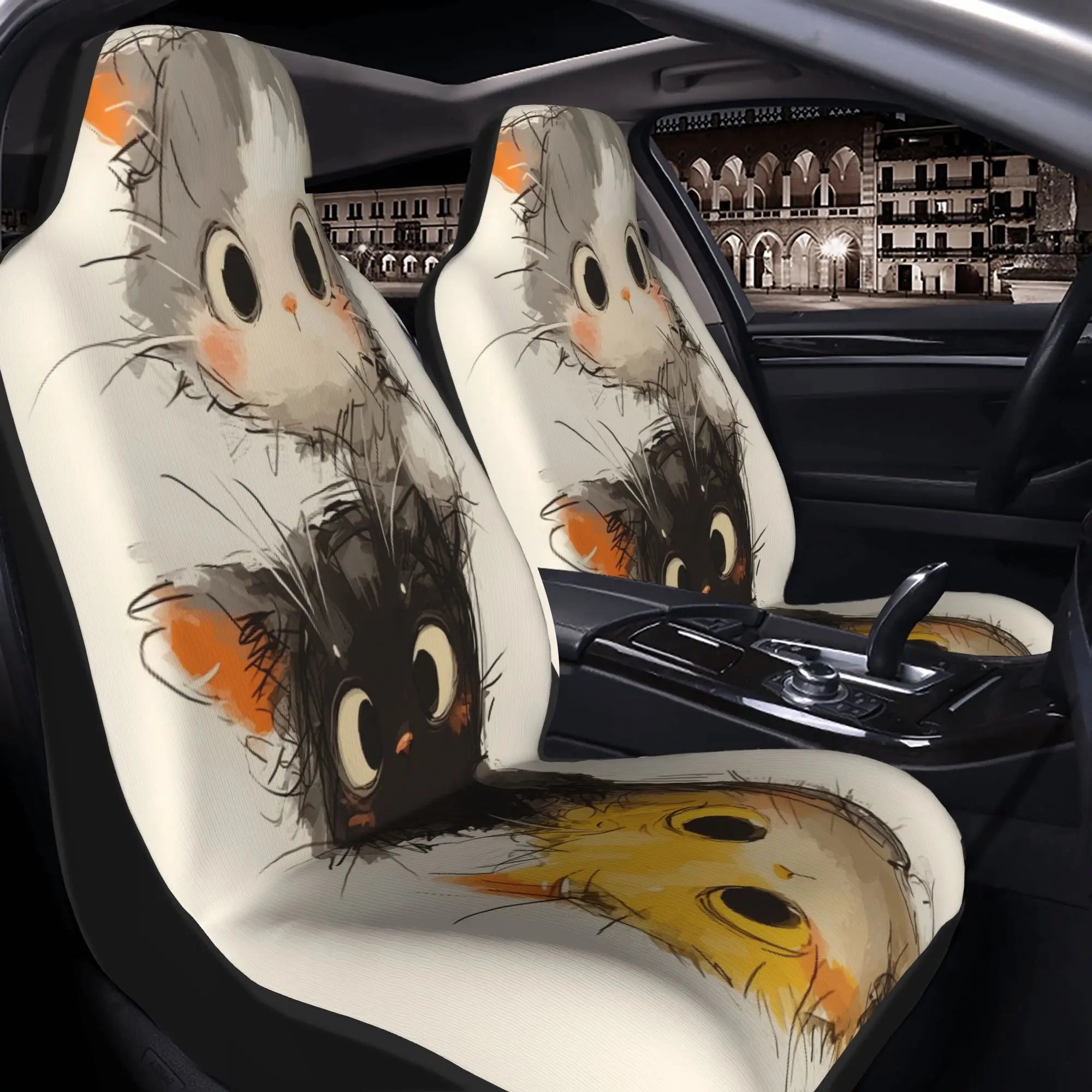 Set Of 2 Adorable Seat Covers Featuring Three Kittens Piled On Top Of Each Other, With Large Eyes And Soft Fur. These Covers Are