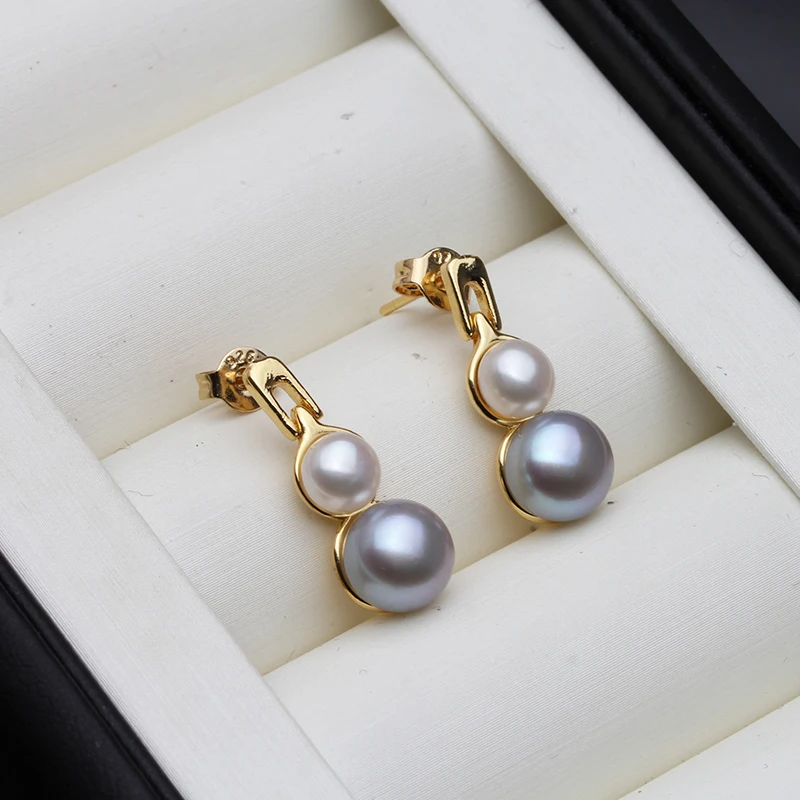 Real Natural Double Pearl Earrings For Woman,Cute Bridal Stud Earring Pearl Fine Jewelry Wife Mother Gift White Black