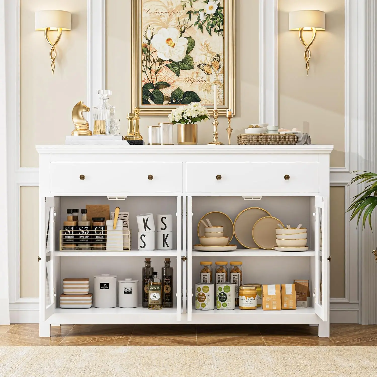 ตู้ไซด์บอร์ดบุฟเฟ่ต์สีขาวขนาดใหญ่พร้อมลิ้นชัก 2 ลิ้นชัก 4 ประตูกระจก – ตู้เก็บของในห้องครัวห้องรับประทานอาหาร