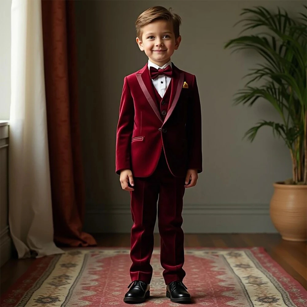 

Fashion Boy's Clothing Suits Luxury Burgundy Velvet One-Button Peak Lapel 3 Piece Jacket Pants Vest Full Sets Children Outfits