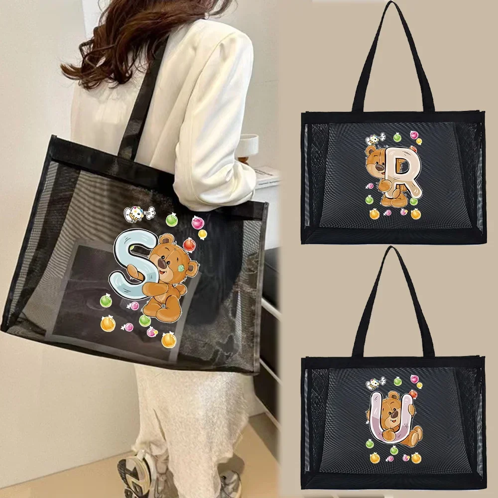 Mesh Shopping Bag Transparent Tote Bags Travel Storage Handbag Women Wallets Organizer Grid Package Bear Letter Printing Series