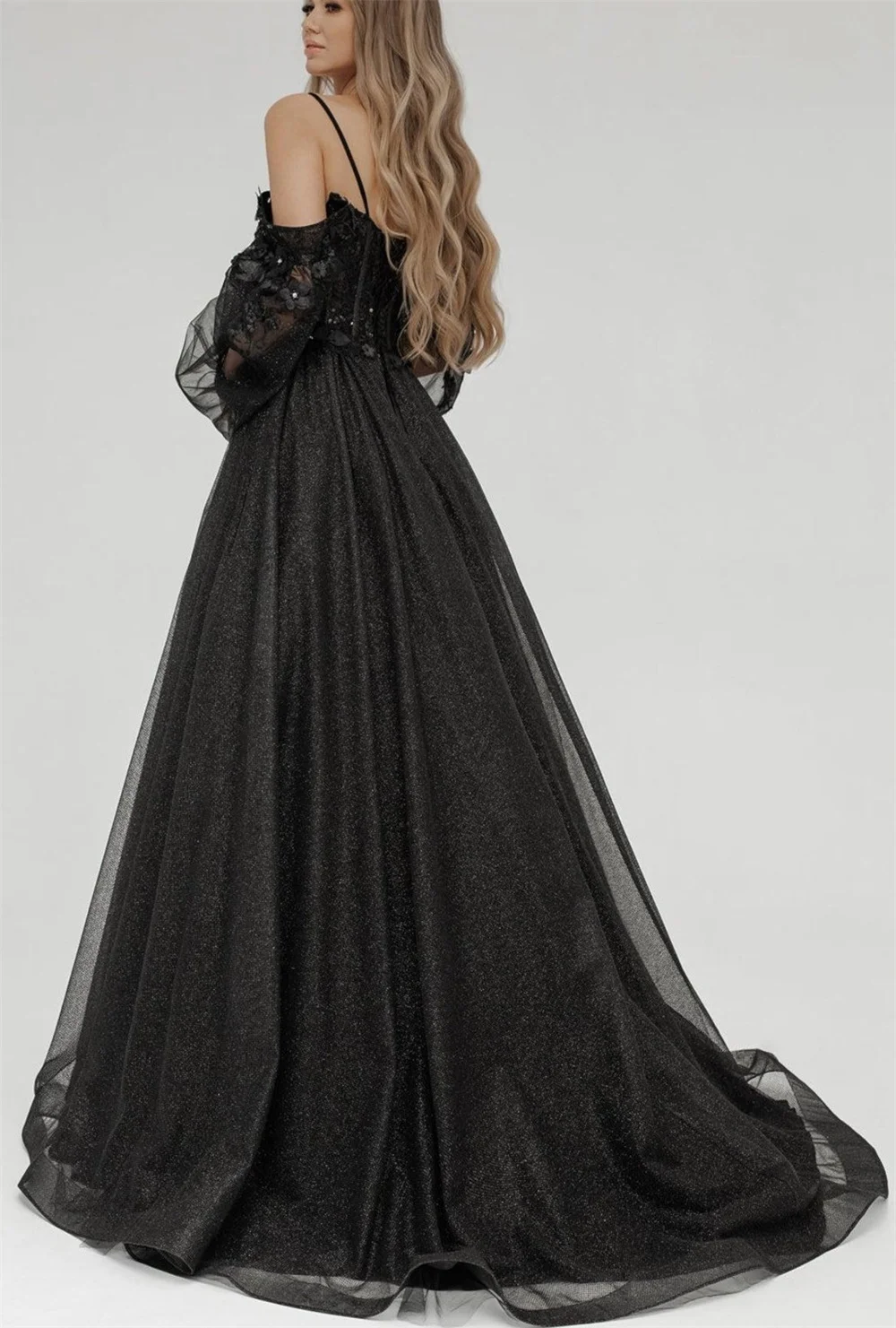 Amanda Glitter Black Prom Dress 2023 Gothic Puffy Sleeve Formal Occasion Dresses Shiny A-line فستان سهرة Tulle Train Party Dress