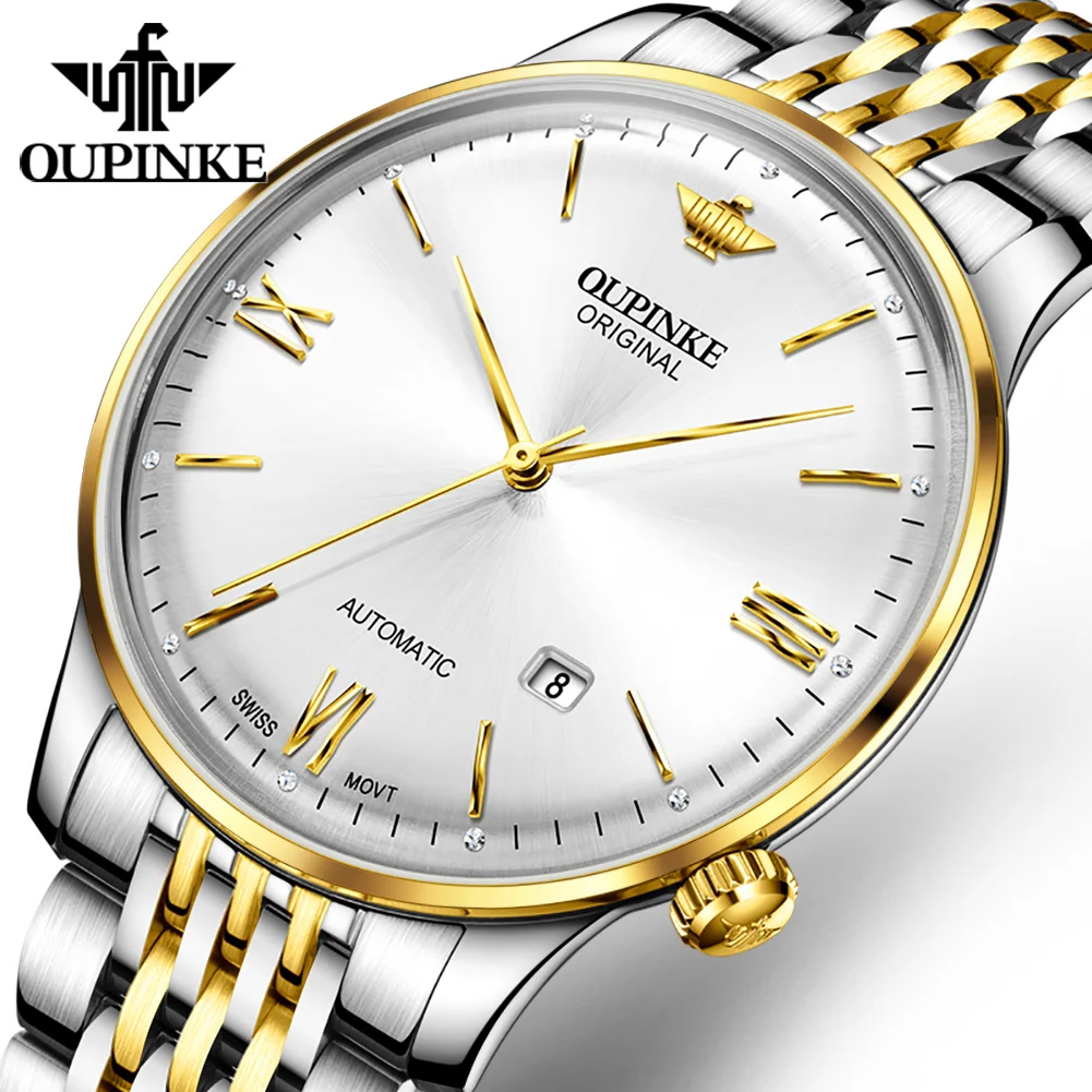 OUPINKE Men's Watches Simple Casual Automatic Mechanical Ultra-thin Watch for Man Original Swiss Movement Waterproof Sapphire