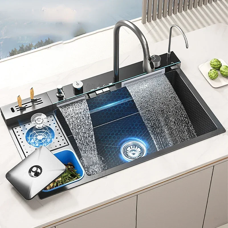 

Stainless Steel Kitchen Sink Waterfall with Trash Can Cup Wash Right Side Undermount Countertop Washbasin Large Single Sink