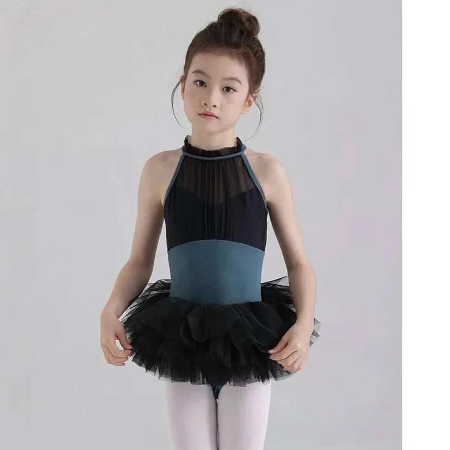 New Girl Dance Ballet Practice Clothes Dance Swimwear Gymnastics Leotards Neck-hanging Girls' Mesh Yarn Basic Training Outfits