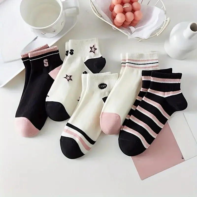 5 Pairs Star & Striped Socks, College Style Short Socks, Women\'s Stockings & Hosiery