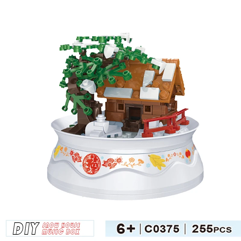 

Christmas tree cabin music box building blocks 360 ° rotating Eight tone box 255Pcs birthday gift for girls 5-12 year old C0375