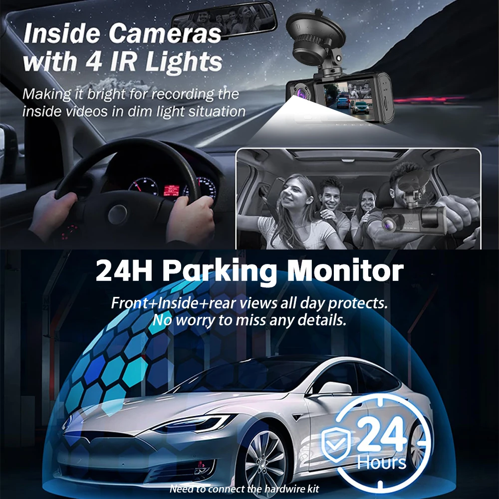 الصندوق الأسود الأمامي والخلفي Android Auto Dashcam وضع وقوف السيارات ملحقات عرض السيارة شاحنة لاسلكية DVR مراقب كاميرا السيارة