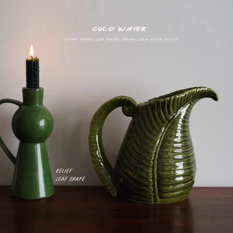 

Антикварный рельефный тропический пальмовый лист, керамический кувшин для холодной воды, кувшин для сока, индикатор уровня воды