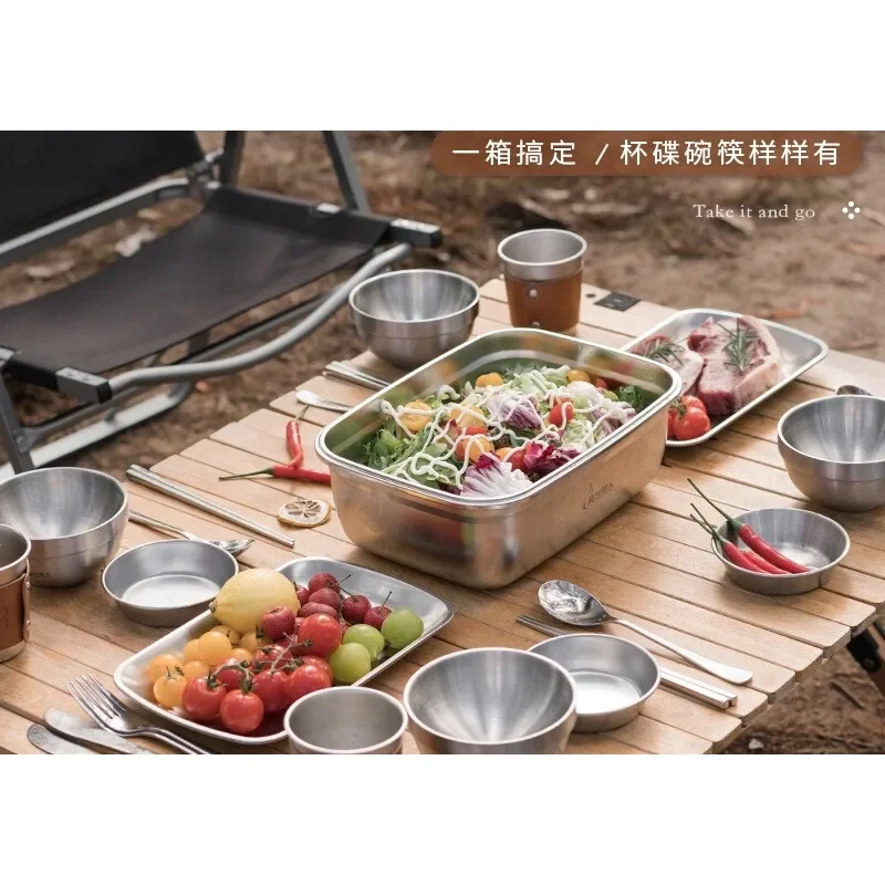 Outdoor picnic tableware set Stainless steel camping travel cookware Kitchenware Portable storage bag Tableware