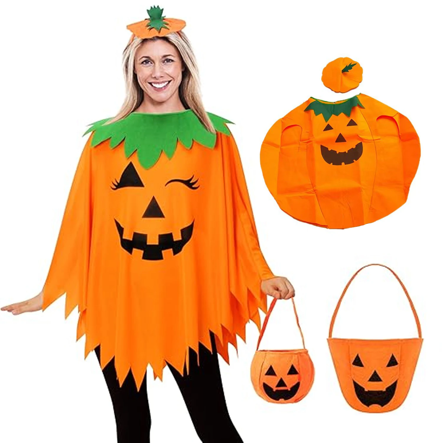 

PESENAR Halloween Pumpkin Poncho for Women,Pumpkin Cape Costume with Headband and Candy Bag,Halloween Costume for Women Adults