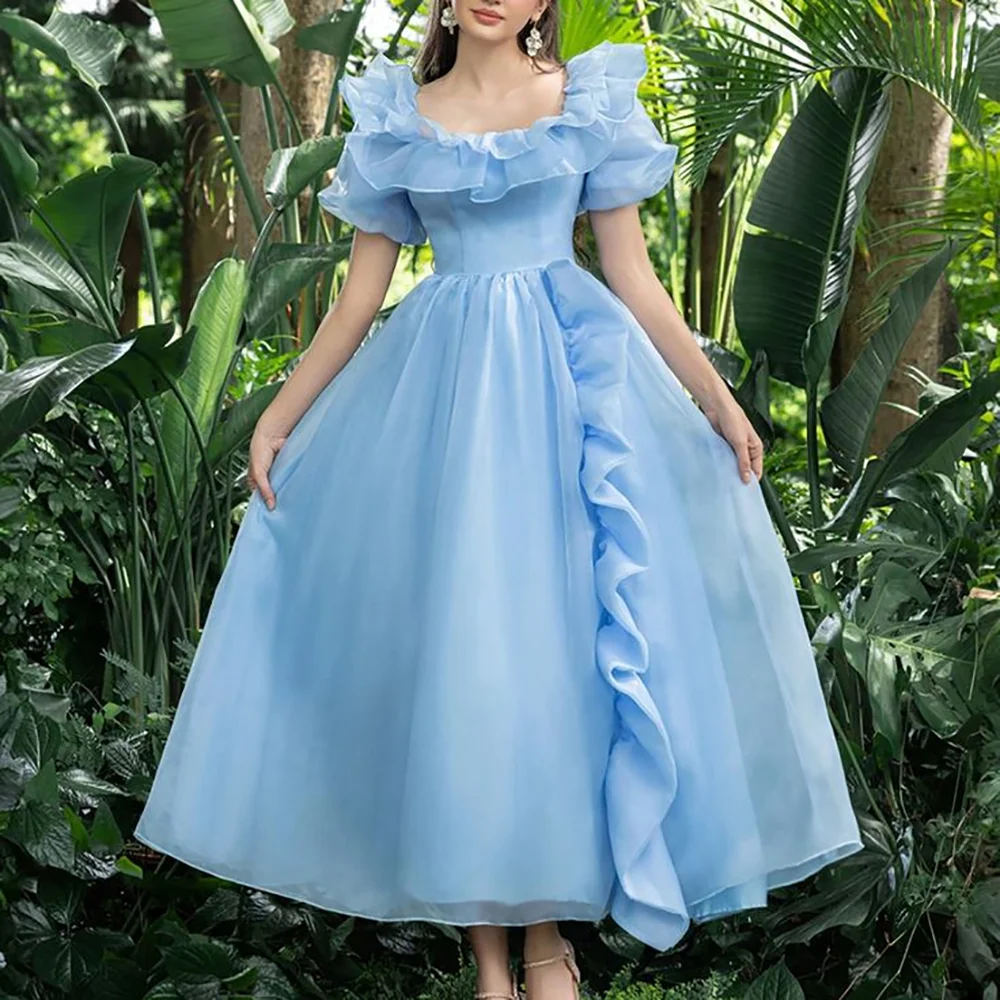 

Blue Tulle Evening Dresses Square Collar Ruched Pleats A Line Prom Dress Ankle Length Formal Occasion Party Gowns Customized