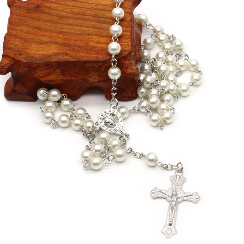 Blessed Catholic Cross-Necklace Rosary Beads Clavicle Chain Necklace Men Women Medal-Cross Christian Long Chain Jewelry