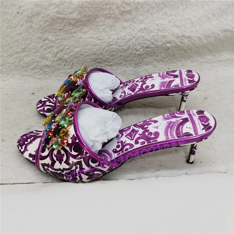 

Summer New Colored Crystal High Heels Women Slippers Luxury Rhinestone Flower Print Stiletto Sandals Elegant Party Dress Shoes