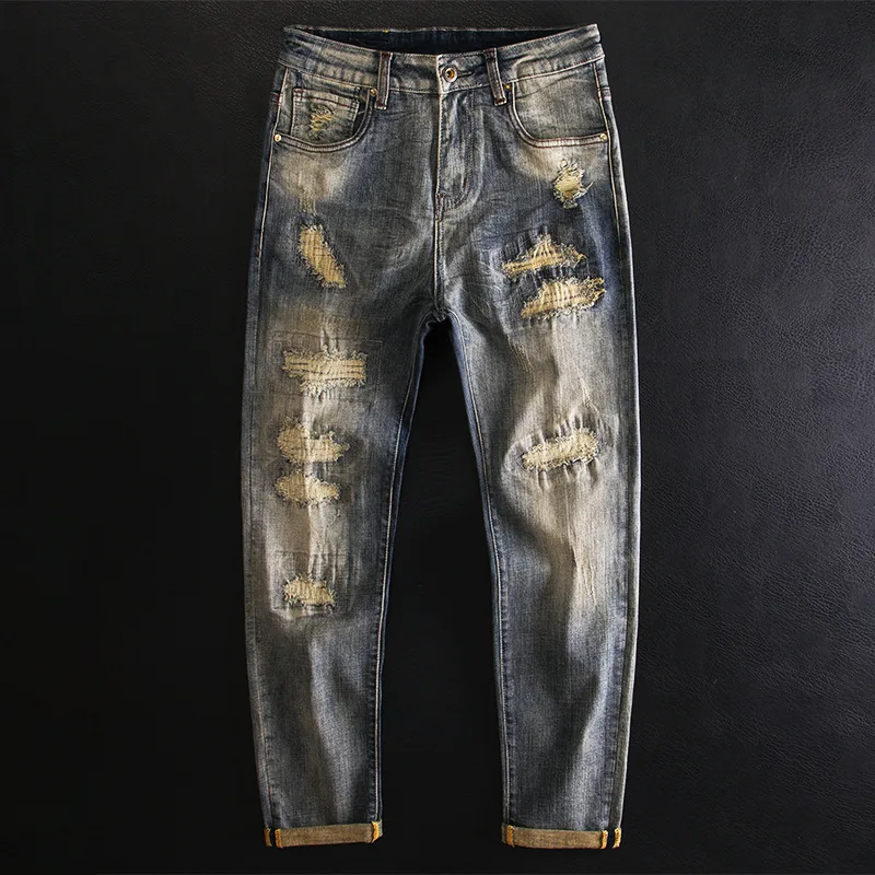 

Ripped Patch Vintage Washed Jeans for Men, Small Straight Leg, Versatile Trendy Retro Classic Denim Pants