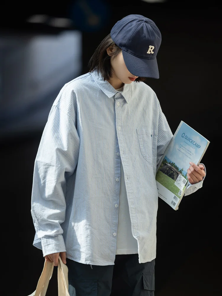 

Retro Thin Stripe Long Sve irt ex Casual Cotton Collar Button down Street Sle Neutral Fit Spring Collection