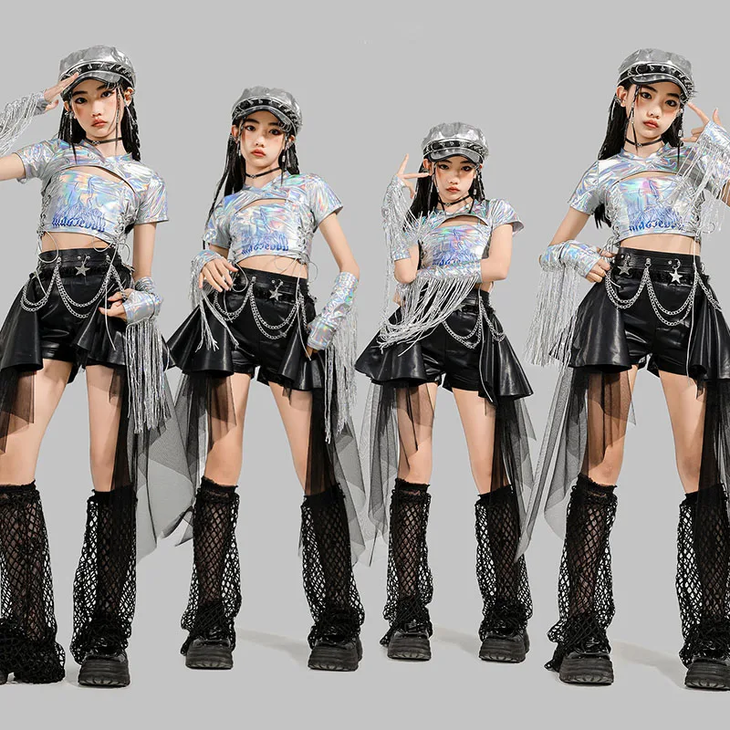 

Kid Kpop Hip Hop Clothing Silver Faux Leather Crop T Shirt Black Skirt Shorts with Mesh Straps for Girls Dance Costumes Clothes