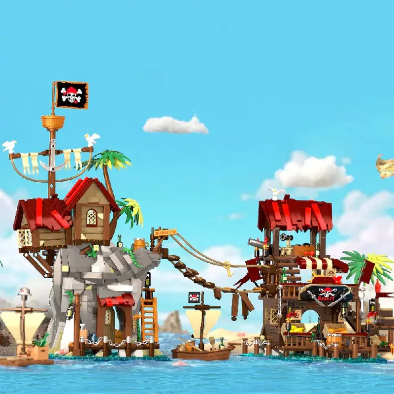 MOC-Juego de bloques de construcción de muelles medievales, mercado de la Bahía de Pirata y casa de muelle pirata, modelo de arquitectura, juguetes de ensamblaje, regalos para niños