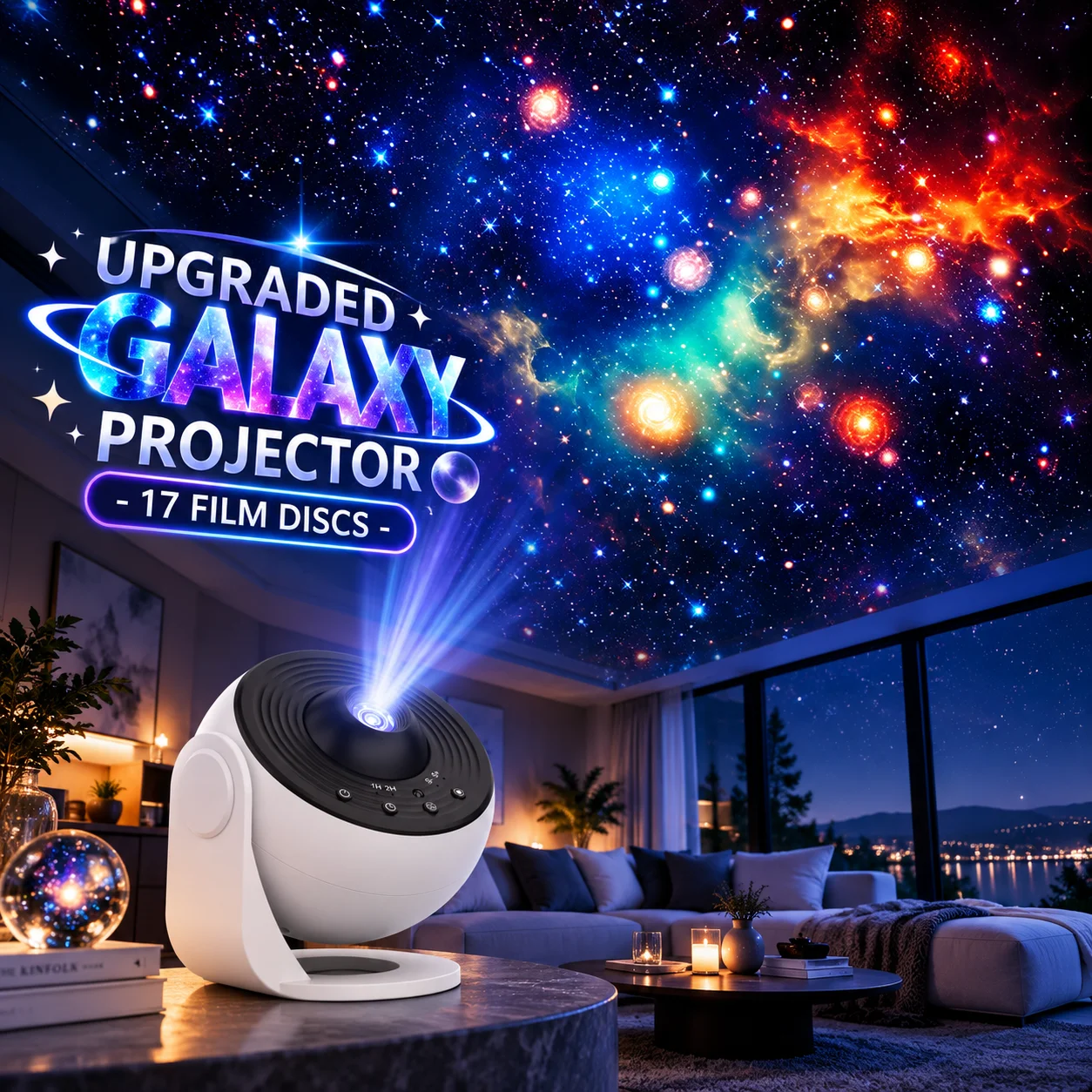 Ulepszona lampka nocna z projekcją galaktyki, wyposażona w 17 płyt z motywami, obrót o 360 stopni. ° Funkcja timera z regulacją czasu, diodowe oświetlenie tworzące efekt gwiazd, idealne do