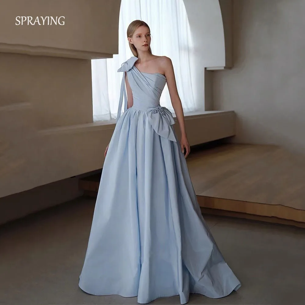 فستان سهرة أنيق من قماش التفتا الأزرق للزفاف الكوري لالتقاط الصور بكتف واحد وفيونكة على شكل حرف A فستان طويل للحفلات مشد مخصص #1
