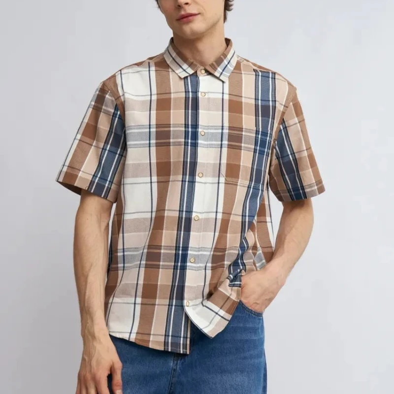 

Japanese Retro Plaid Short-Sleeved Shirt with 3D Print, Suitable for Summer, Loose Fit, Casual and Versatile Basic Style for Men