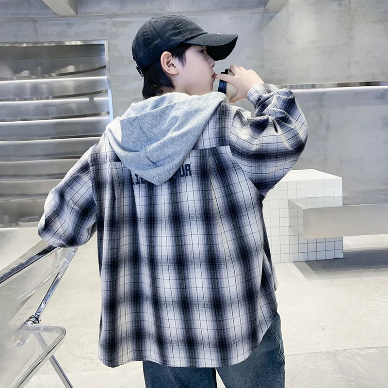 Children Autumn Long Sleeve Tops Loose Plaid Shirt with Hood for Tween Boy School Harajuku y2k Clothes Kids Fashion Blouse 5-14Y