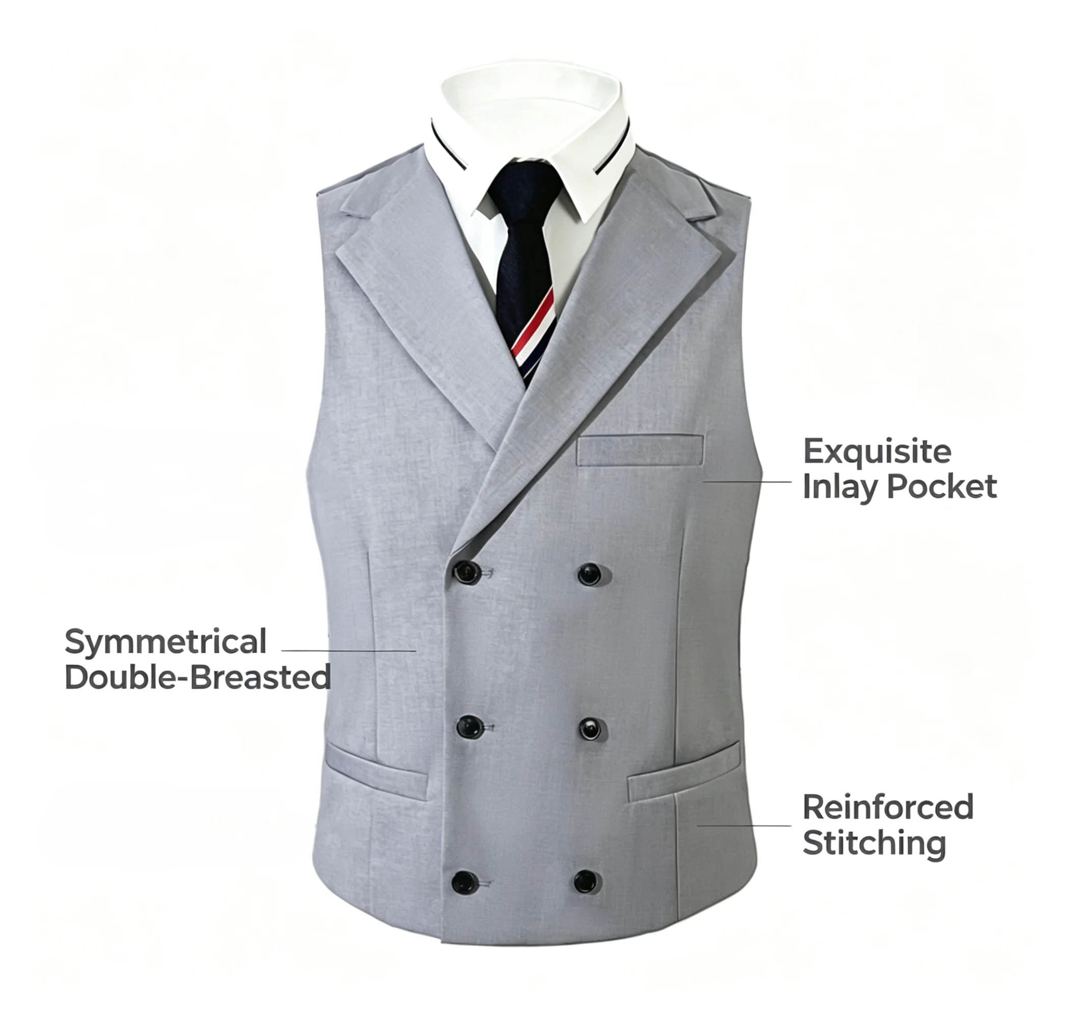 Herren Doppelreihige Anzugweste Formelle Weste Business Casual Gilet für Hochzeit Party Grau/Marineblau/Schwarz – Detail 2