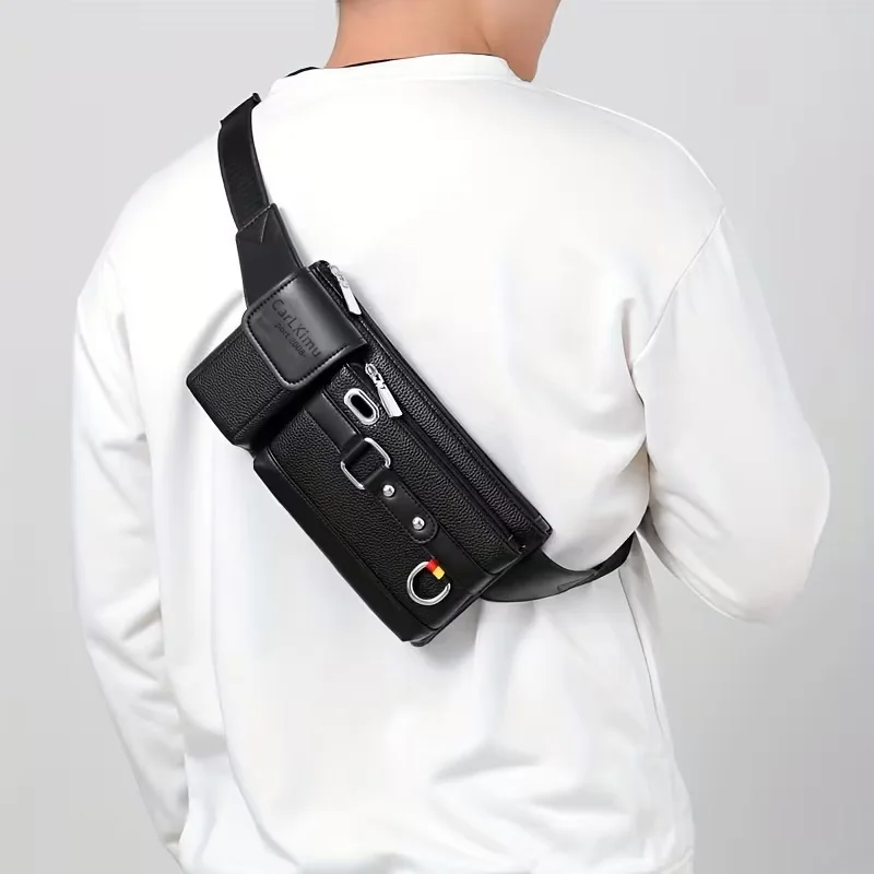 Praktische Herren-Brust- und Hüfttasche aus PU mit mehreren Reißverschlüssen, verstellbarem Riemen, leichte, tragbare Tasche für den täglichen Pendelverkehr. – Detail 8