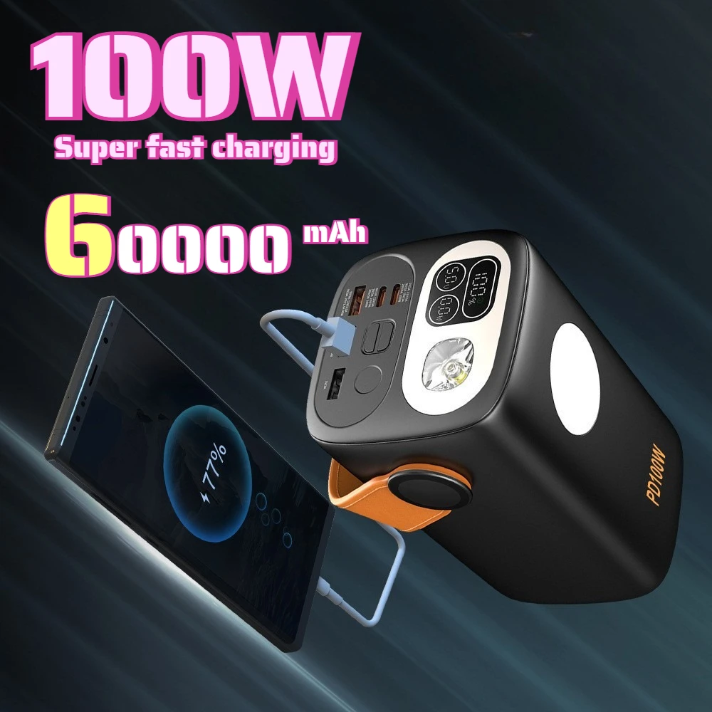 

Портативное зарядное устройство 100 Вт с быстрой зарядкой, цифровым дисплеем и сверхъяркой LED-подсветкой, 60000 мАч, большая емкость для iPhone, Xiaomi, Huawei