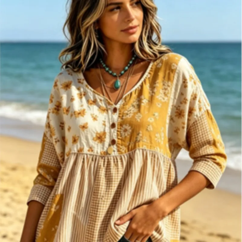 Women Yellow White Stripe Small Floral Print V Neck Half Button 3/4 Sleeve Peplum Blouse Loose Babydoll Casual Daily Top