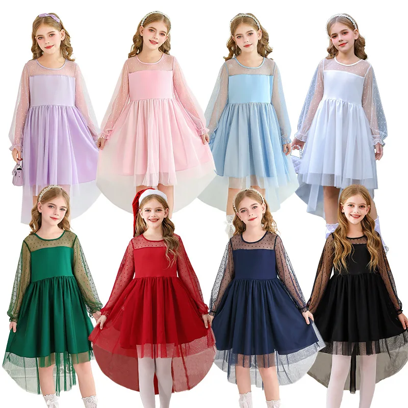 

Autumn Girls Clothes Mesh Puff Long Sleeve A Line Princess Dress For Kids Formal Wedding Birthday Party Christmas Casual Outfits