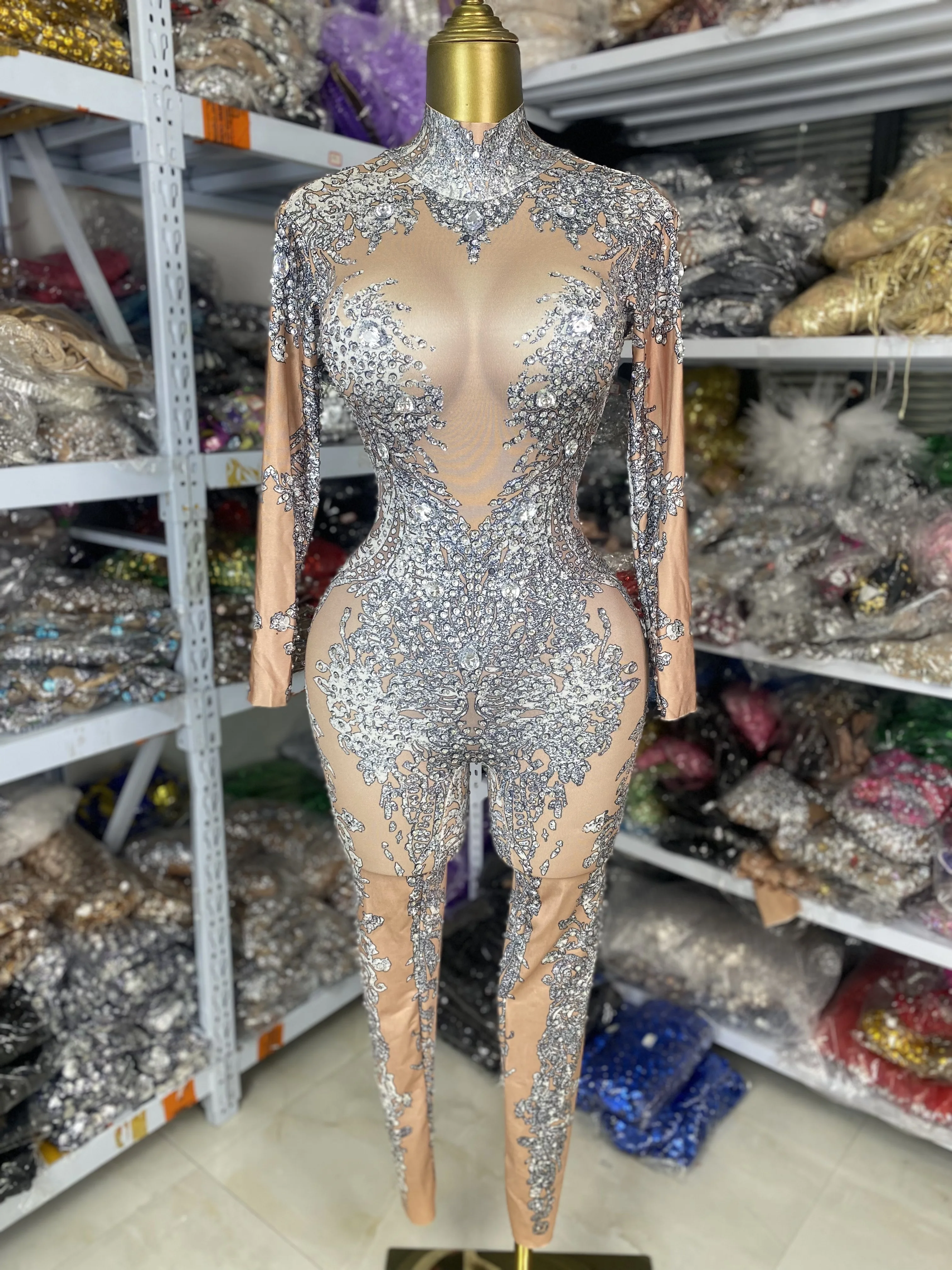 

Women Silver Rhinestones Beige Spandex Bodycon Jumpsuits Special Occassion Nightbar Dj Gogo Stage Costumes Topic Party Dresses