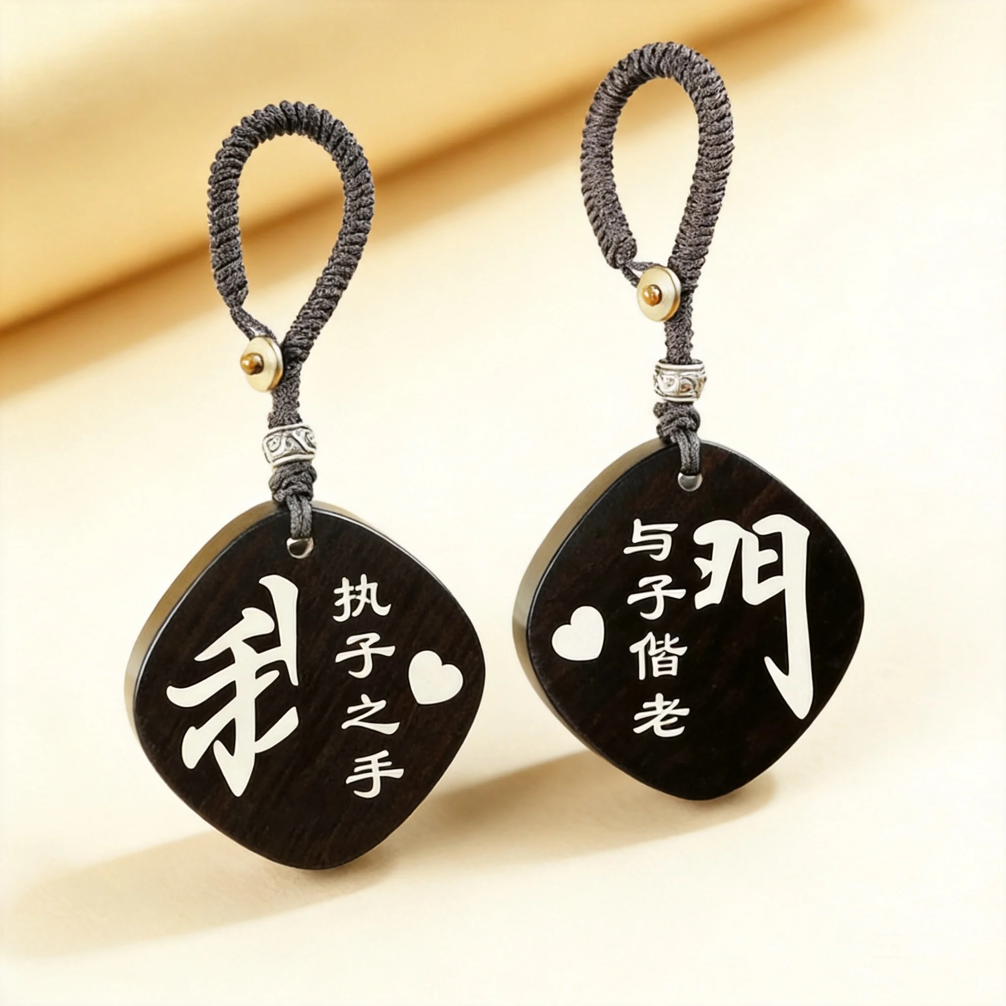 YNO Chinese Ebony Silver Inlaid Couple Keychain Lucky Blessing Good Fortune Bag Pendant Phone Lanyard Car Hanging Ornament Cre