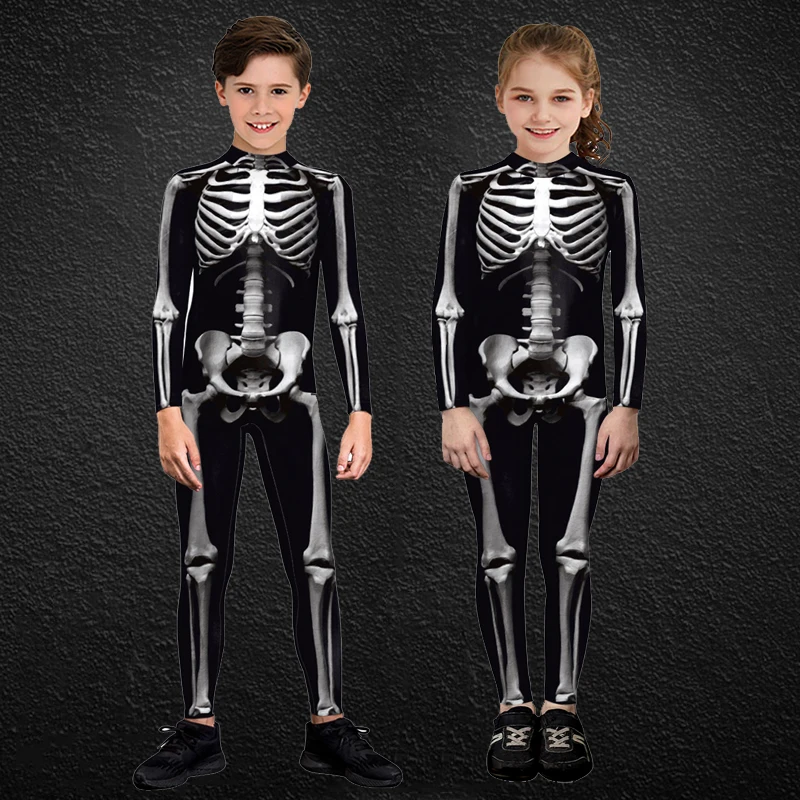 

Children Halloween Cosplay Costume Zombies Skeleton Print Jumpsuit Boys Girls Zentai Suit Xmas Party Clothes Gifts Kids Cartoon