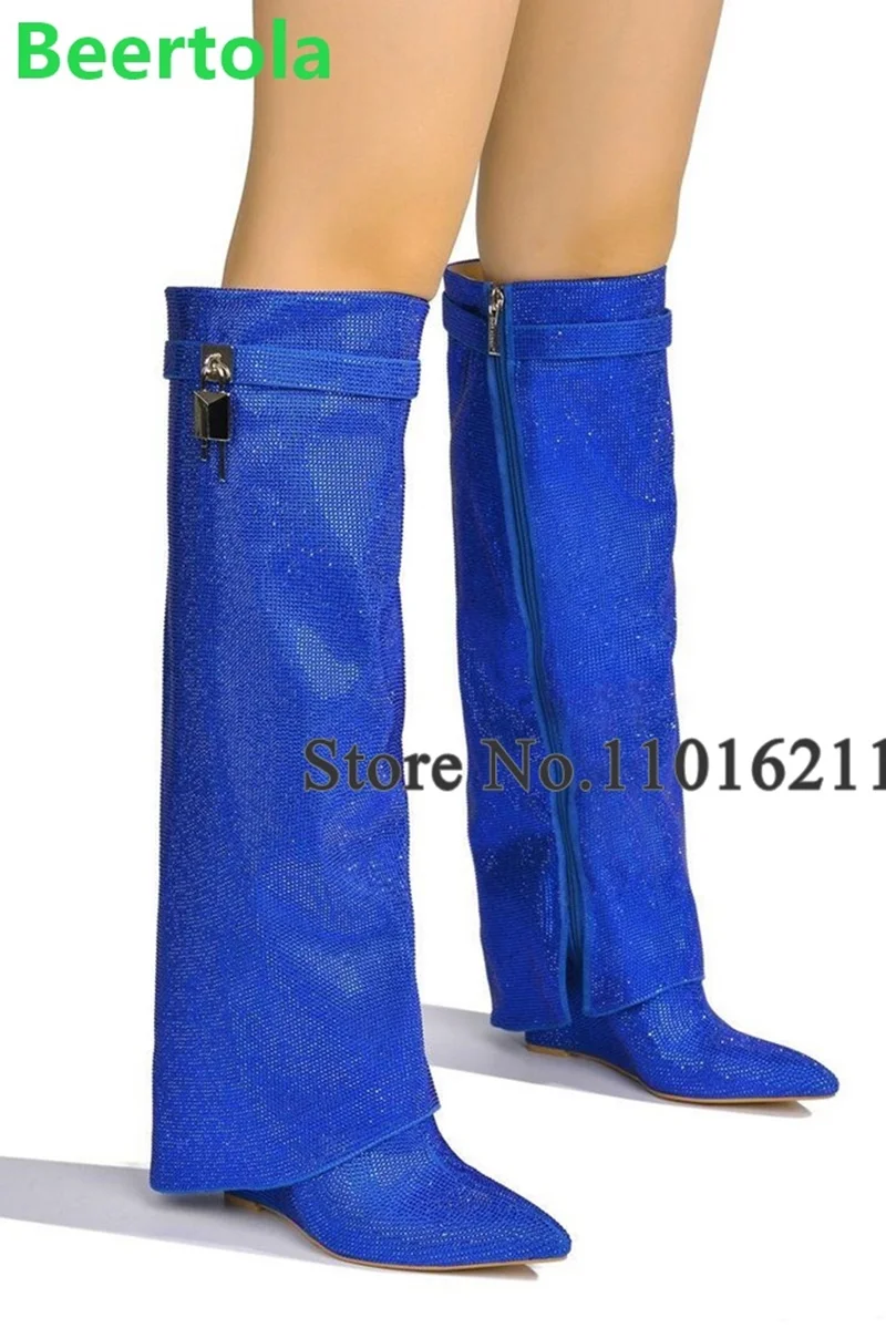 Lock Design Crystal Blingbling Long Boots For Female Women Round Toe Side Zipper Wedges Heel Knee-high Fashion Elegant Shoes