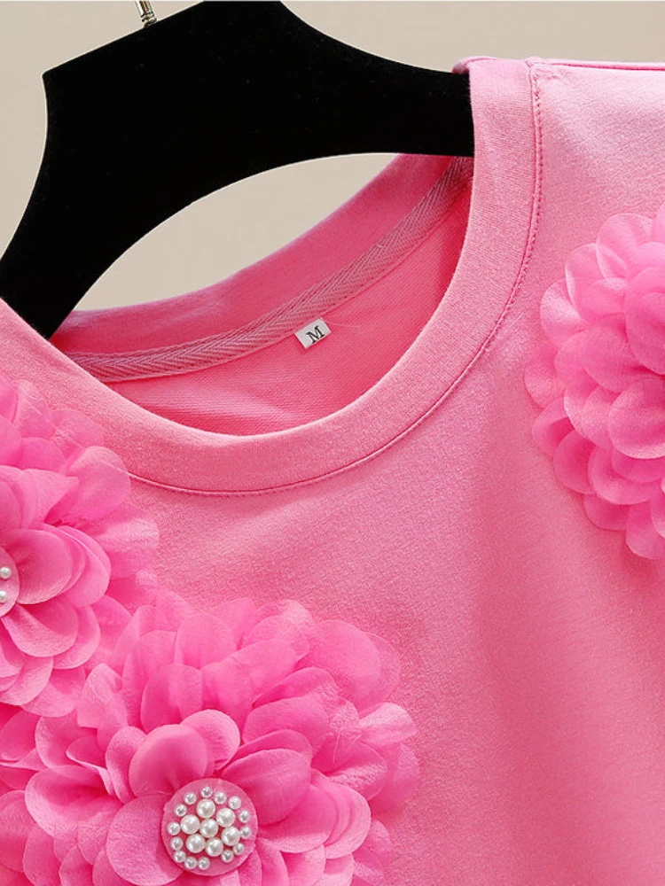 Fashion Sweet T Shirts Solid Color O Neck Short Sleeve Flower Patchwork Heavy Beading Tops Summer Design Women's Clothing 2024