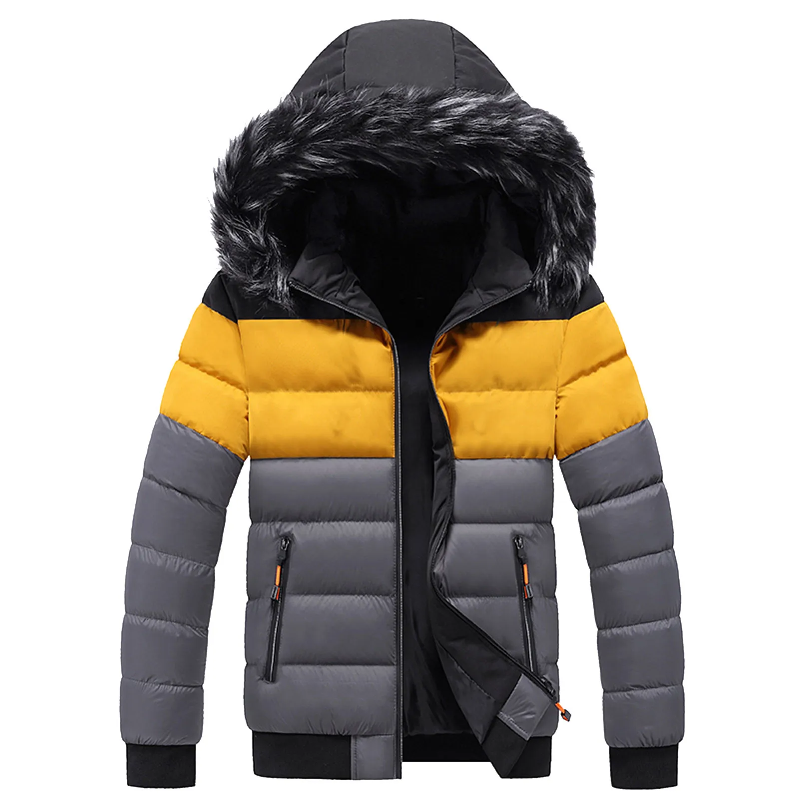 Men\'s Winter Youth Hooded Jacket Thickened Warm Windproof Casual Color Block Jackets Male Hiking Camping Clothes