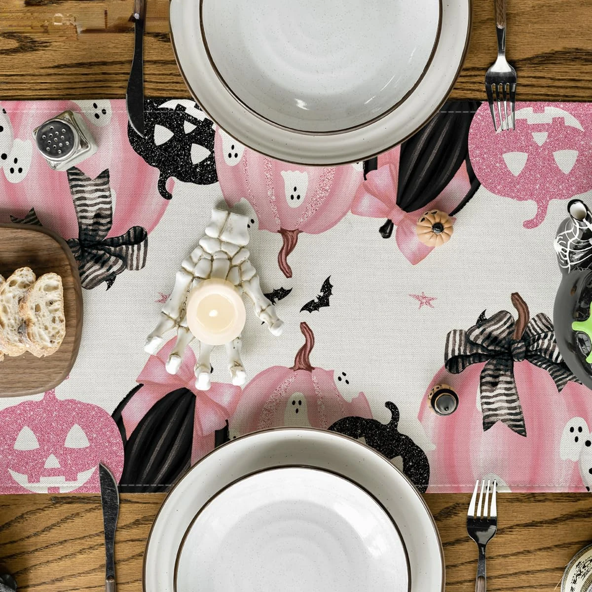 Halloween Pink Jack-O-Lantern Pumpkin Bat Linen table runners Holiday party decor washable Kitchen dining table runners decor