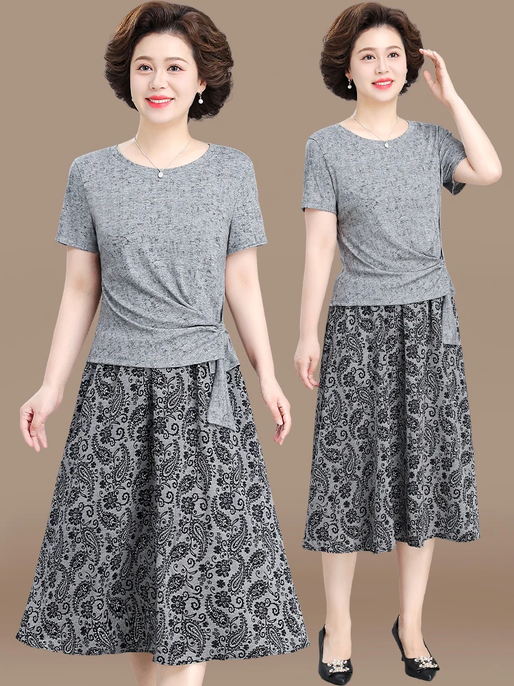 

Ele Summer Outfit for Mom ort Sve T-irt And Midi Skirt Set Faionable Mid-Aged Women's Clothing Korean Sle