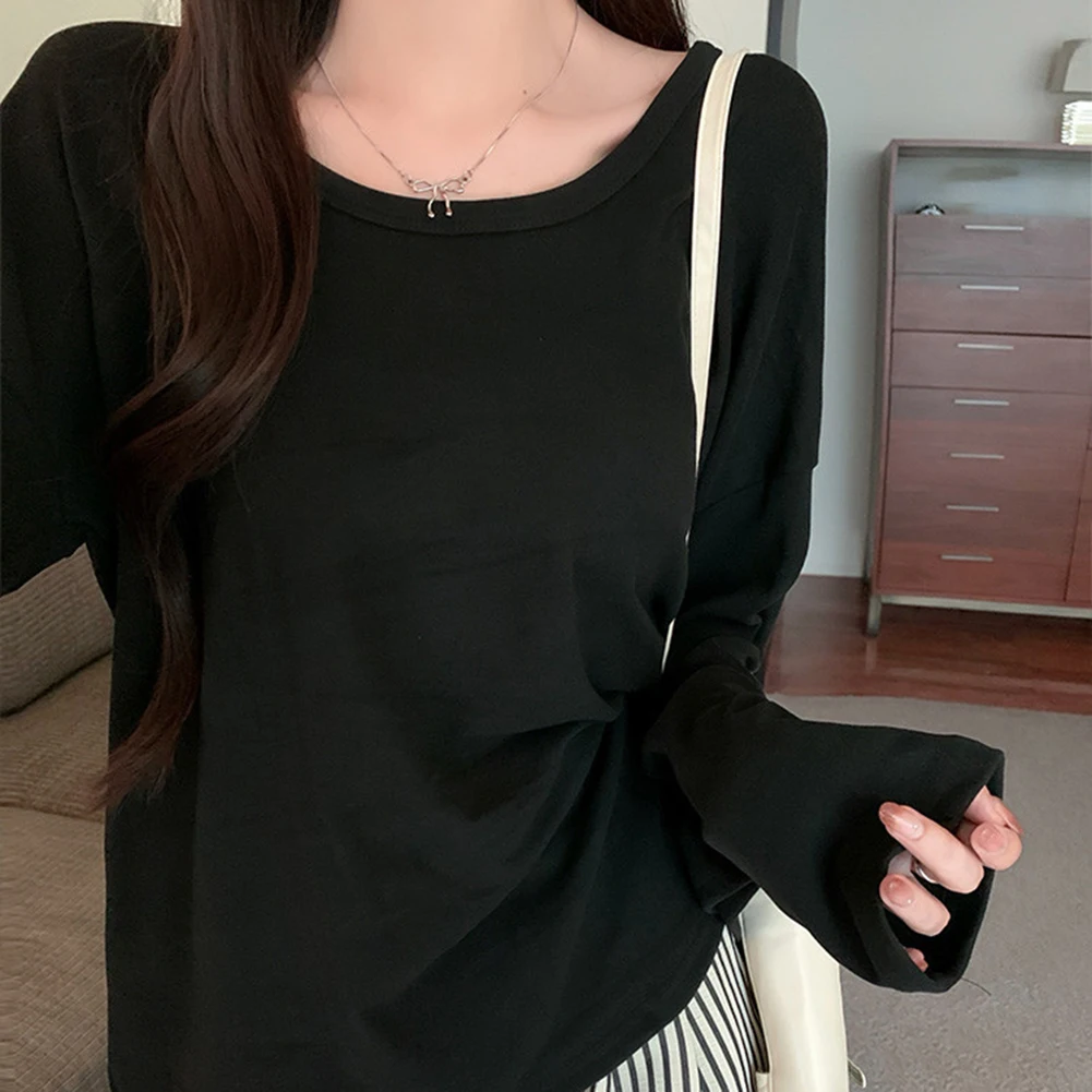 

Женская футболка с длинным рукавом и U-образным вырезом, базовый слой, удлиненная, для повседневной носки и многослойных образов