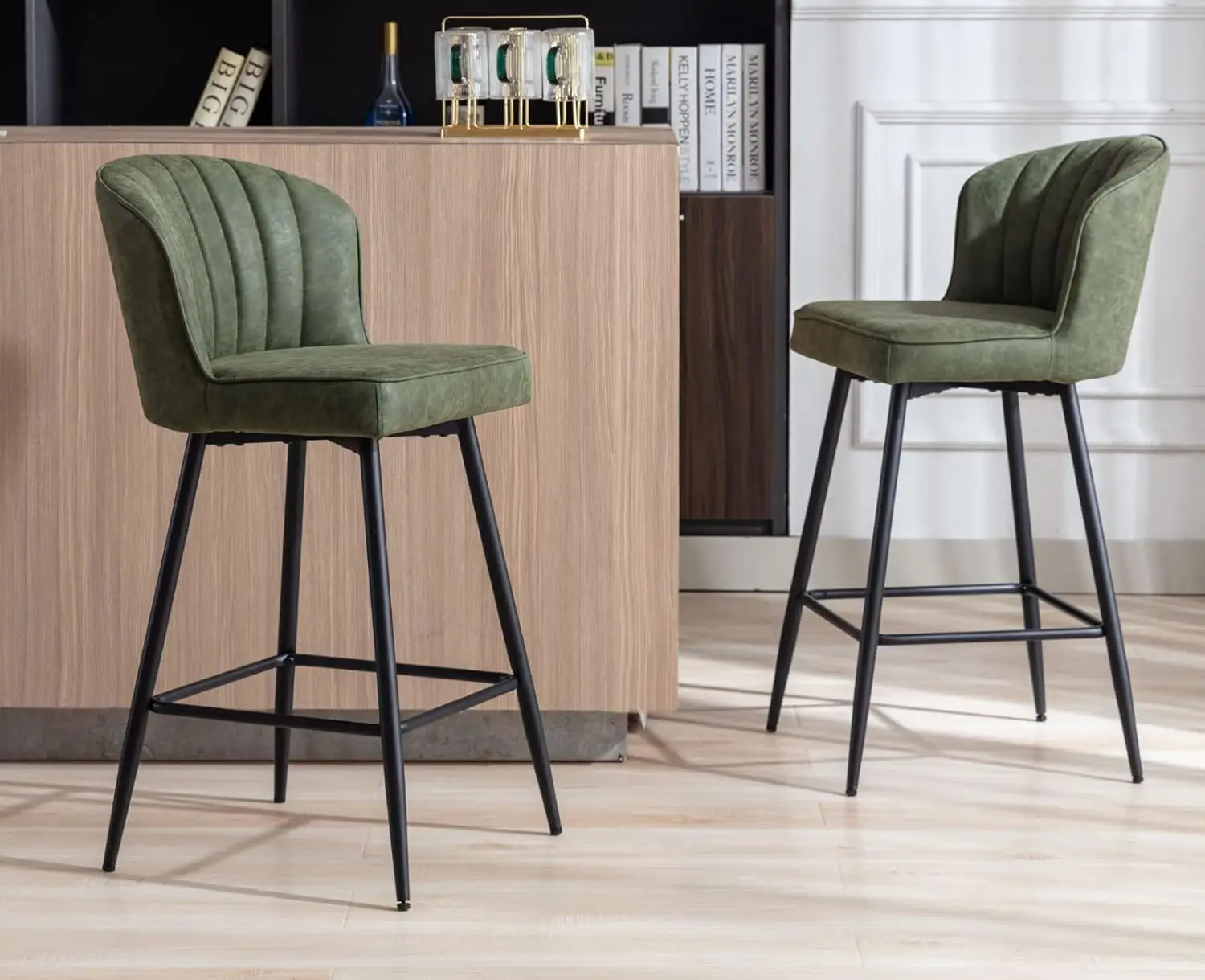 

Counter Height Bar Stools Set of 2 Modern Bar Chairs with Back Leather Upholstered Barstools Comfortable Island Chairs