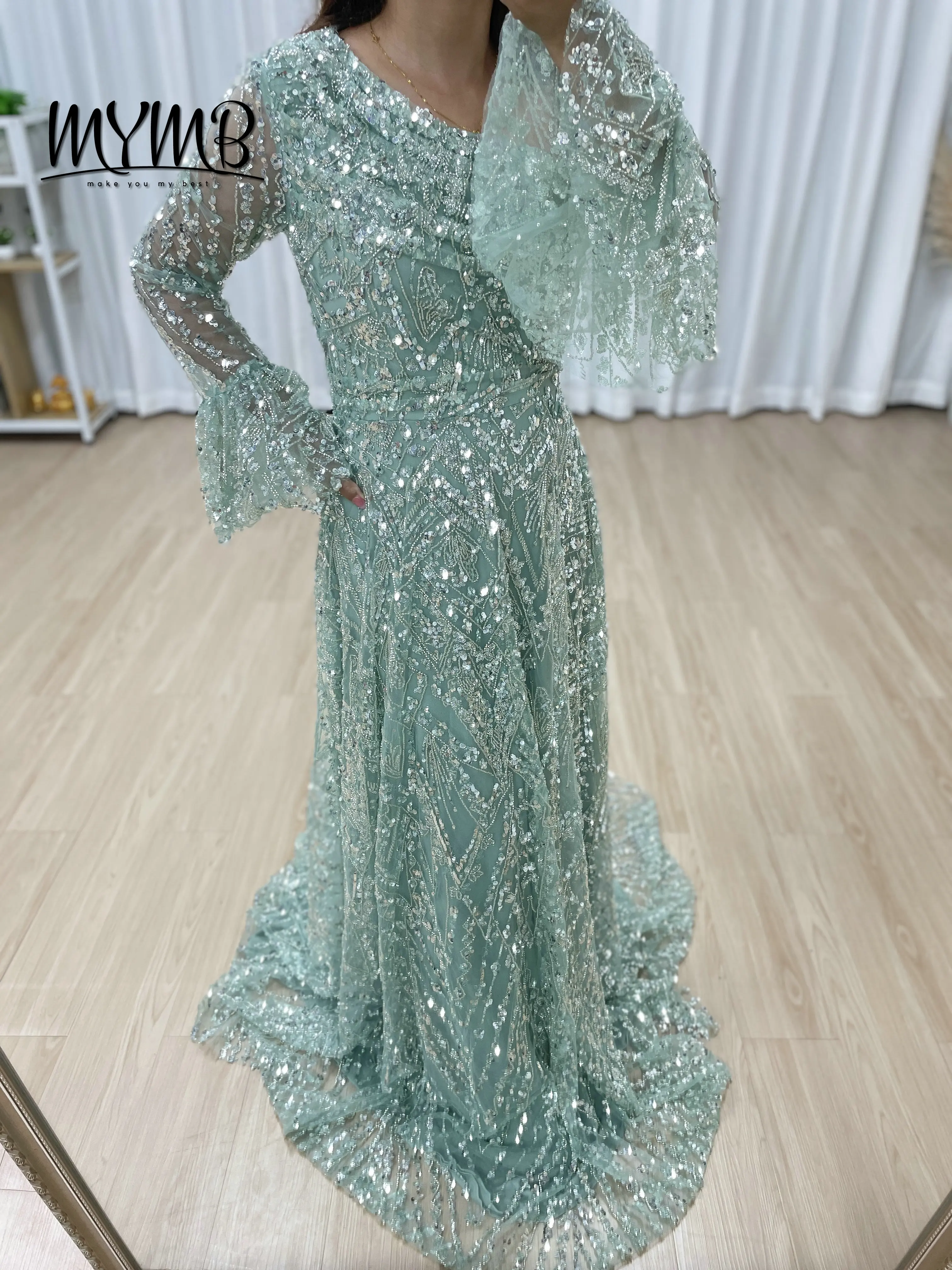 Mymb lindo deslumbrante elegante manga longa uma linha vestido de noite de baile com contas bordadas requintadas para ocasiões formais MY30089-2
