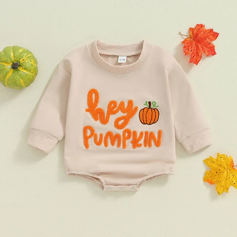 2024-05-13 Lioraitiin  Baby Halloween Fall Romper With Pumpkin Letter Embroidered Long Sleeve Round Neck Jumpsuit