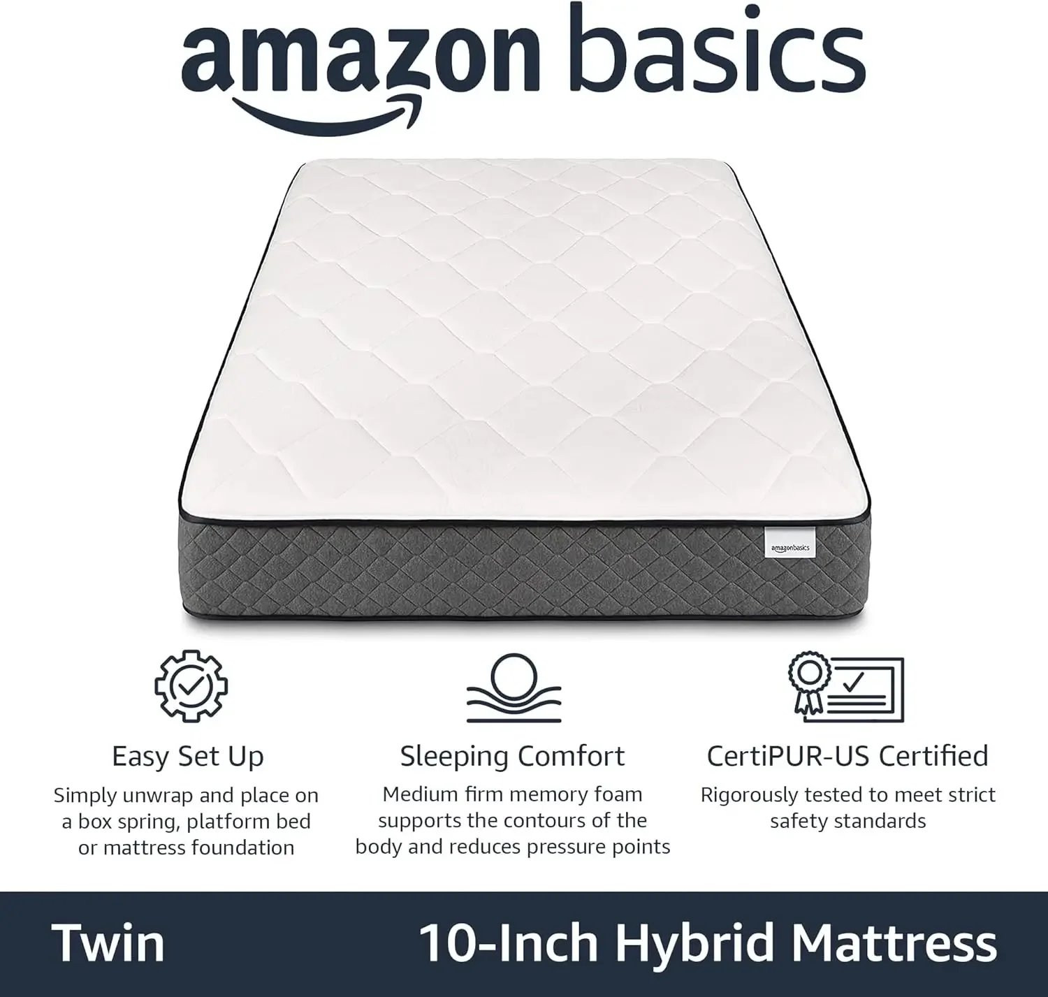 Basics Hybrid Mattress, Medium Feel, Memory Foam, Motion Isolation Springs, 10 Inch, Twin, White & Gray