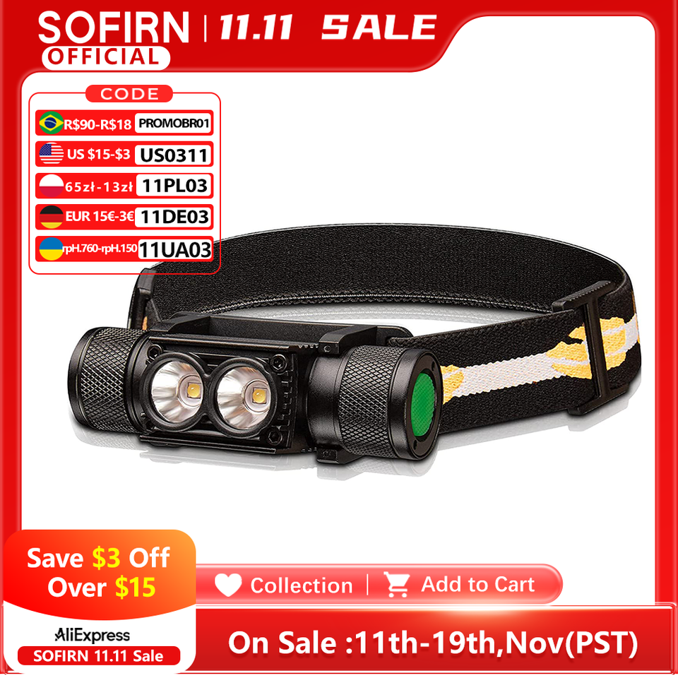  SOFIRN H25L USB Rechargeable 1000LM Headlamp with 18650 Battery Dual TN-3535 90CRI 5000K Head Flashlight Camping Fishing Torch 